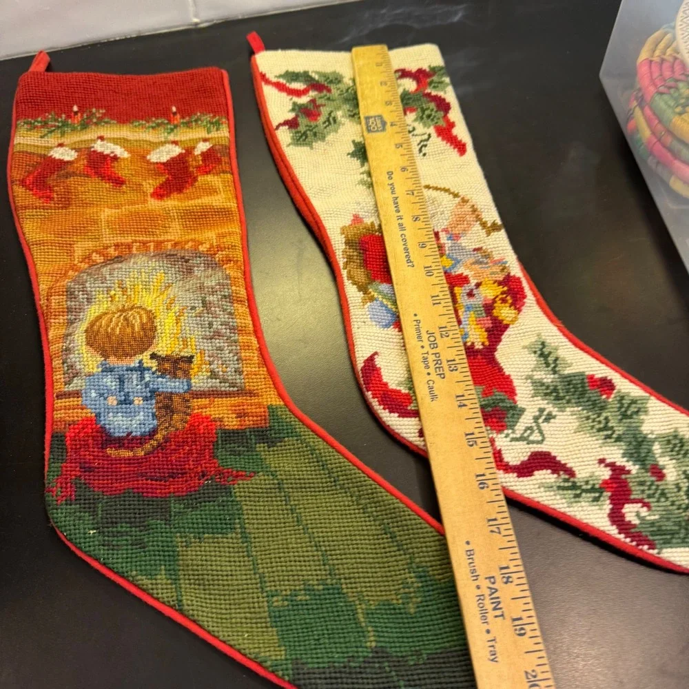 Vintage Christmas Stocking Set Multicolor Needlepoint Santa Fireplace 2pc